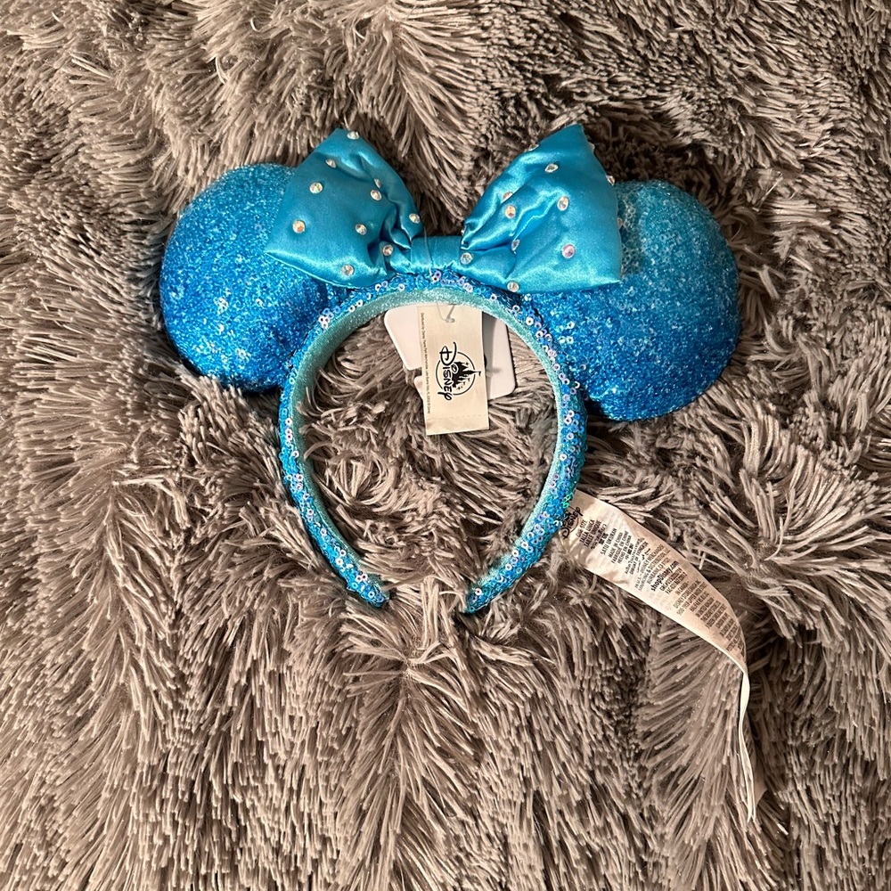 Disney Mickey Minnie Ears Aqua Blue Rhinestone Studded Satin Bow